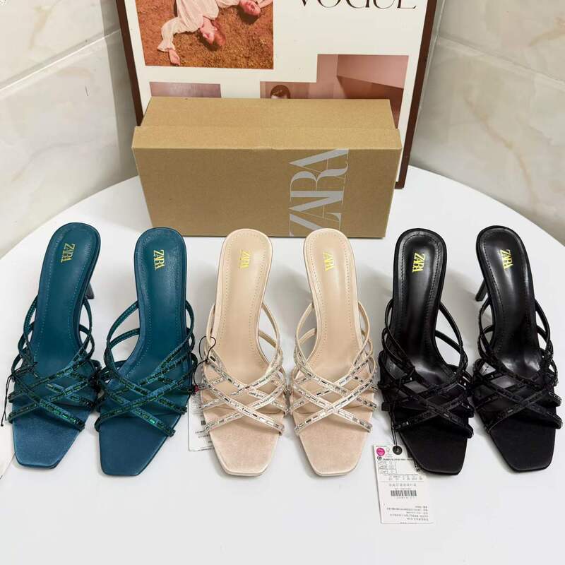 Za2026 New Summer Style Rhinestone Hollow-Out Super High-Heeled Sandals, Simple Fairy-Style Slippers, Square-Toe Open-Toe Slippers Za2026 New Summer Style Rhinestone Hollow-Out Super High-Heeled Sandals, Simple Fairy-Style Slippers, Square-Toe Open-Toe Slippers