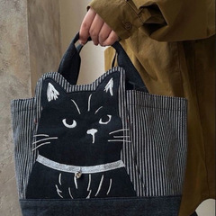 刺繍立体黒猫ハンドバッグハンドバッグ弁当箱餃子バッグショッピング布芸バッグ女