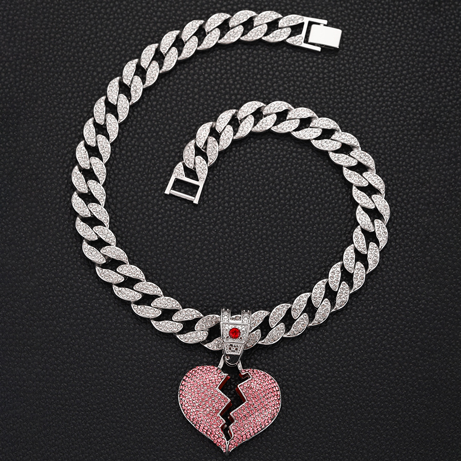 Diamond Broken Heart Necklace With Pink Crystals For Unisex_voghion.com