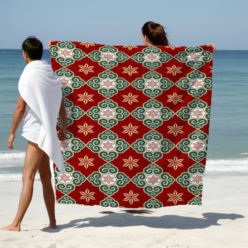 Chinese Style Red Pattern Beach Towel, Retro Pattern Bath Towel, Summer Water-Absorbent Quick-Drying Seaside Vacation Sun Protection Shawl