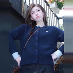 藏青色针织开衫女初春季拼接圆领软糯毛衣vintage美式假两件上衣