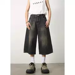 American Style Retro Loose Profile Washed Old Cropped Denim Shorts Men's Summer High Street Design Wide Leg Pants