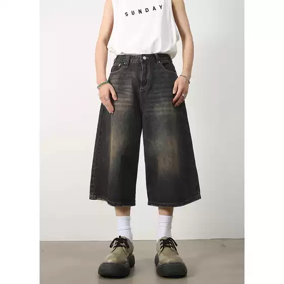 American Style Retro Loose Profile Washed Old Cropped Denim Shorts Men's Summer High Street Design Wide Leg Pants