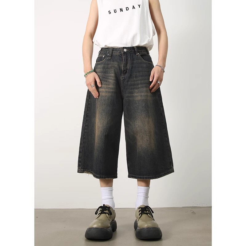 American Style Retro Loose Profile Washed Old Cropped Denim Shorts Men's Summer High Street Design Wide Leg Pants