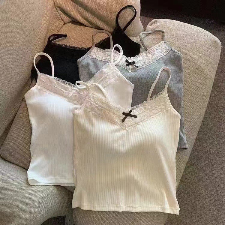 纯欲甜美蝴蝶结蕾丝吊带美背背心带胸垫一体裹胸外穿打底短款上衣女装实拍产品高清图