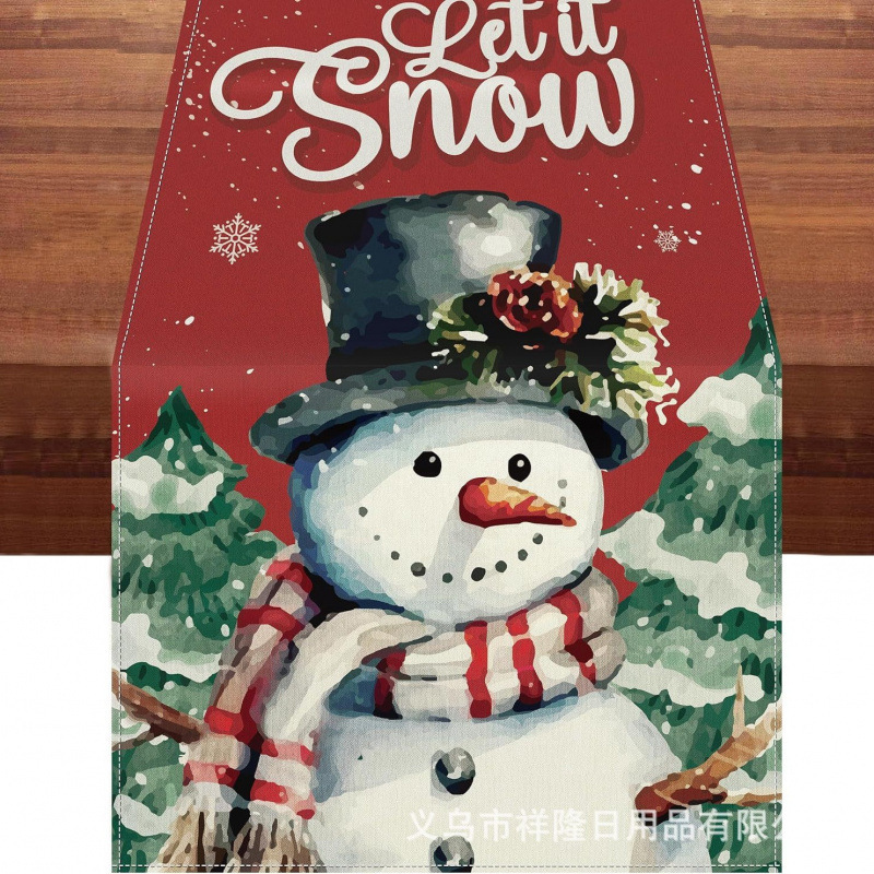 跨境爆款圣诞节桌旗厨房派对餐桌圣诞树花环雪人铃铛圣诞老人桌旗|undefined