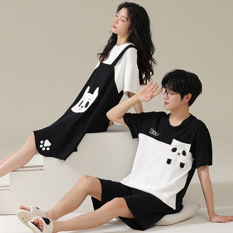 [Pure Cotton] Summer Couple Pajamas Short-Sleeved Cartoon One Man and One Woman Mid-Length Skirt Home Wear Thin Suit Lightweight