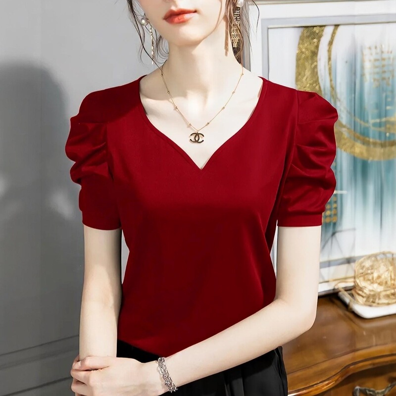 92% Cotton 8% Spandex V-Neck Puff Sleeve Design Summer New Versatile Blouse T-Shirt for Women Fashionable Stylish Solid Color Top 92% Cotton 8% Spandex V-Neck Puff Sleeve Design Summer New Versatile Blouse T-Shirt for Women Fashionable Stylish Solid Color Top