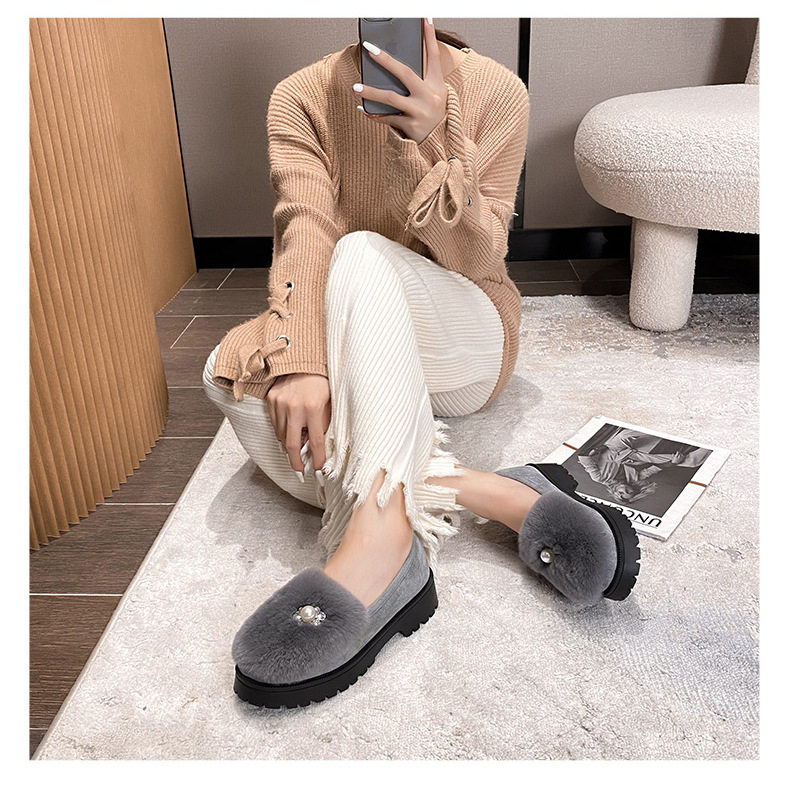 Giày lười nữ lông thỏ thật kiểu hạt đậu, đế dày gót 3-5 cm, đi trong nhà và ngoài trời mùa đông — Màu xám, Màu đen chi tiết 19