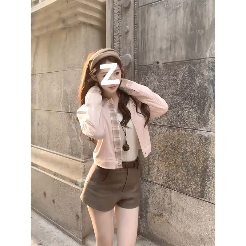 少女巴恩粉色拼接格纹短款外套女秋季韩系小个子休闲百搭夹克上衣|undefined