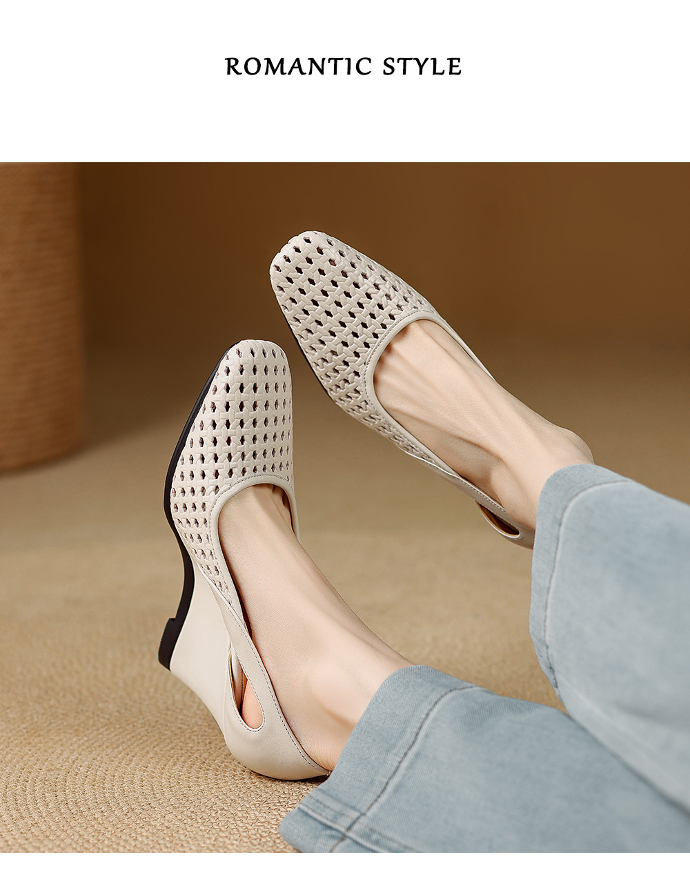Sandal nữ mũi vuông hở mũi gót xuồng 5 cm – phong cách Pháp — màu trắng ngà, màu mơ chi tiết 9