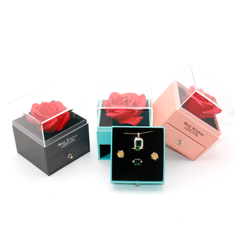 Qixi día de San Valentín caja de flores eterno rosa única anillo acrílico pendientes colgante conjunto caja de regalo de almacenamiento