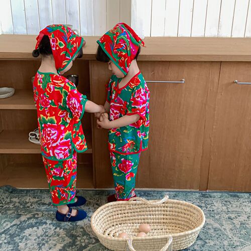 Children's Northeast large floral cloth baby clothes baby short-sleeved pajamas suit summer thin cotton silk Tang suit for boys and girls