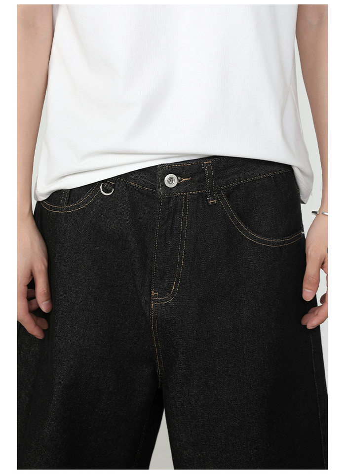 Quần short jean nam lửng ống rộng dáng suông phong cách retro, chất liệu denim thô — Denim đen, Xanh denim chi tiết 9