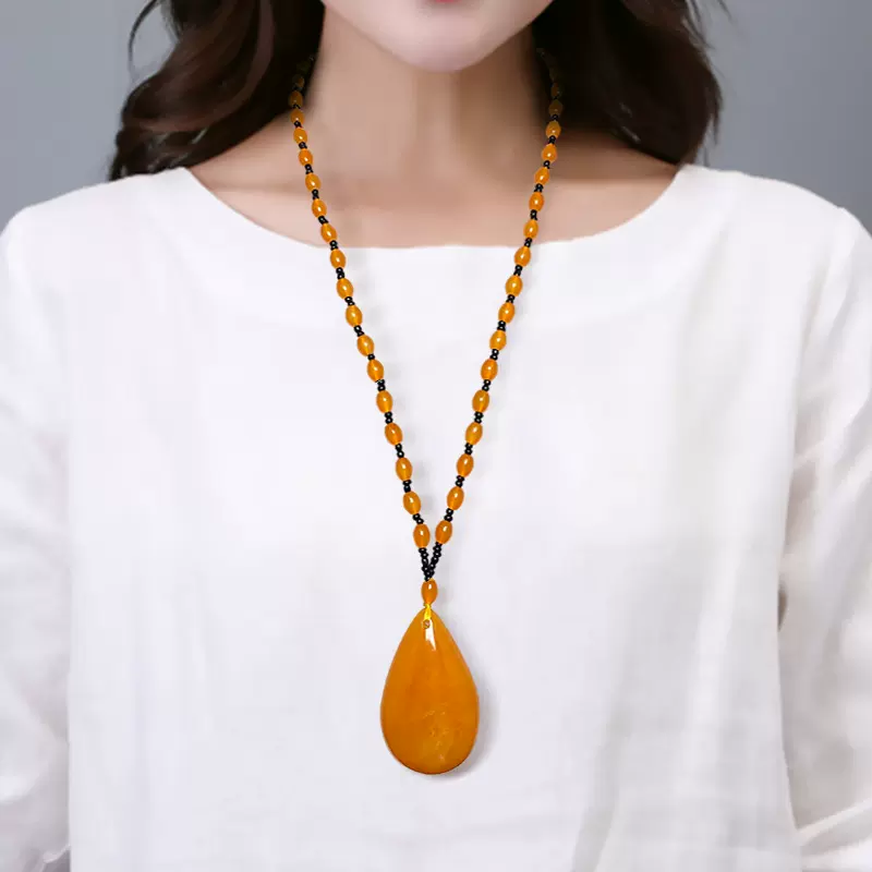 蜜蜡福禄寿项链水滴民族风琥珀老蜡吊坠平安牌男女毛衣链配饰礼物