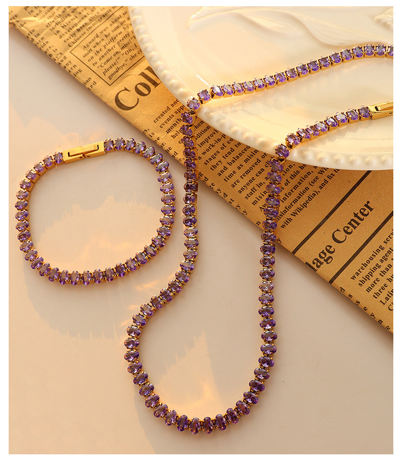 Fashion Retro Titanium Steel 18K Bracelet Necklace Geometric Color Zircon Ornament Set