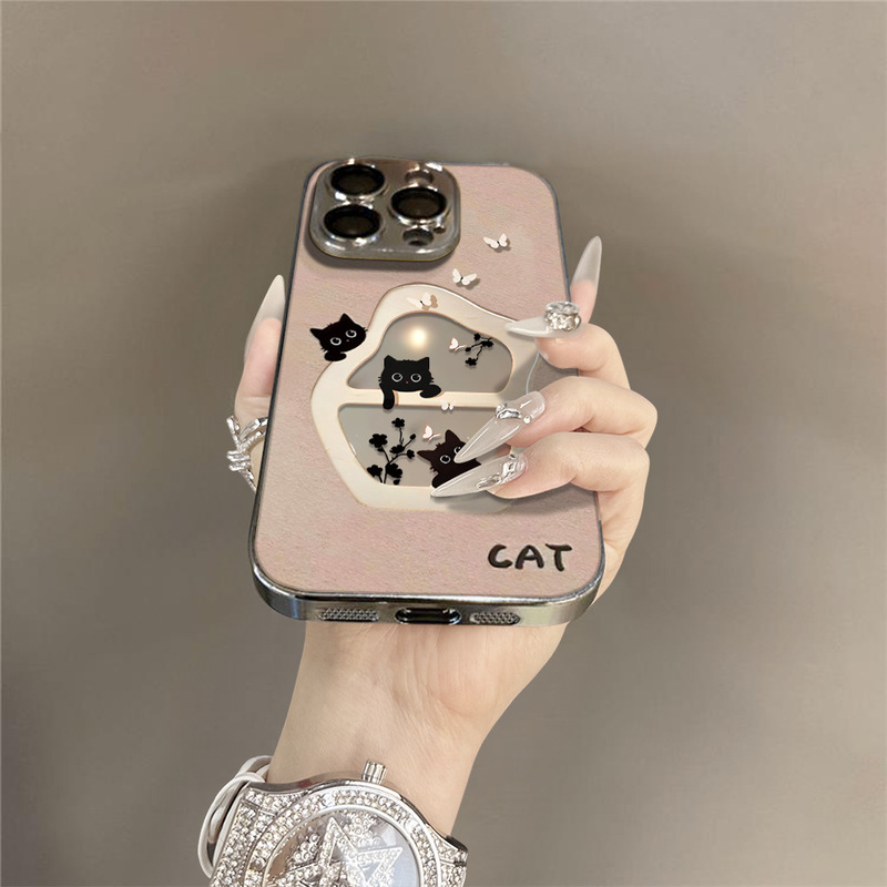 镂空黑猫适用苹果16promax唯美气质 时尚女手机壳iPhone15电镀|undefined