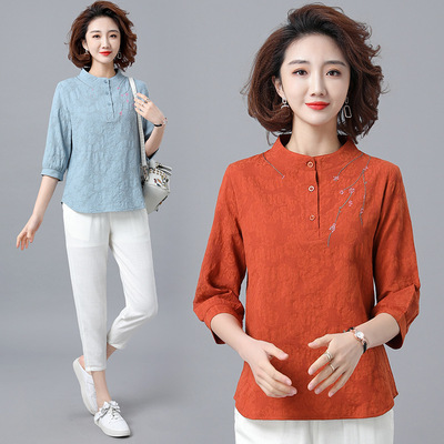 Real shot goods in stock Straight hair 2022 Spring and summer Three Quarter Sleeve T-shirt Easy Large Jacquard weave shirt Western style Cotton and hemp jacket