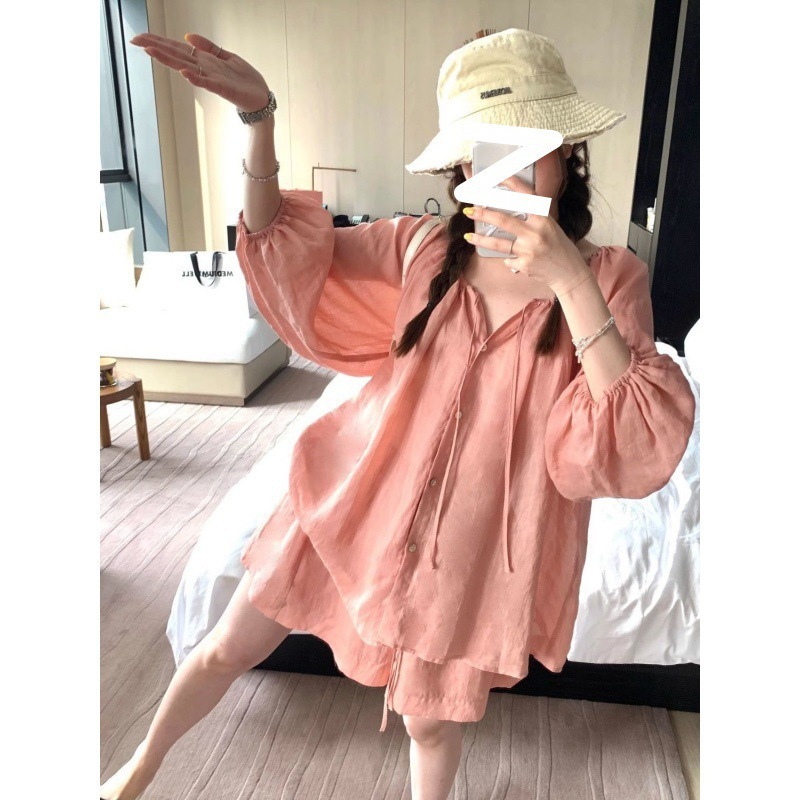 法式慵懒风防晒衬衫短裤两件套薄款抽绳女夏泡泡袖开衫套装遮肚|undefined