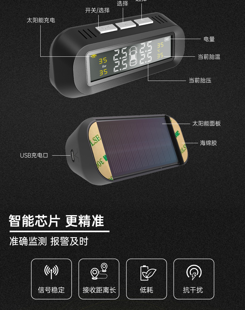Ty02 Hidden Glass-Mounted High-Precision Solar-Powered Tire Pressure Monitoring System Tpms Wireless Tire Pressure Monitor Smart Device