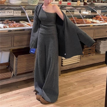 跨境秋冬新款设计感针织衫套装女跨境不规则背心毛衣阔腿裤三件套