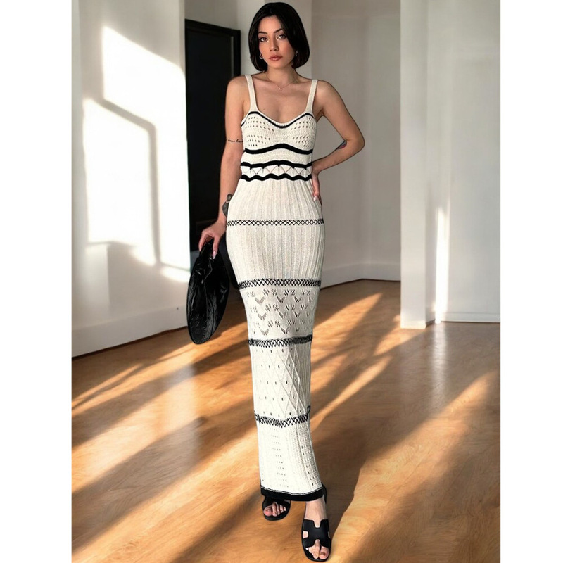 Summer New Style Bohemian Style Hollow See-Through Suspender Dress Women's Slim Knitted Long Skirt Slit Fishtail Skirt