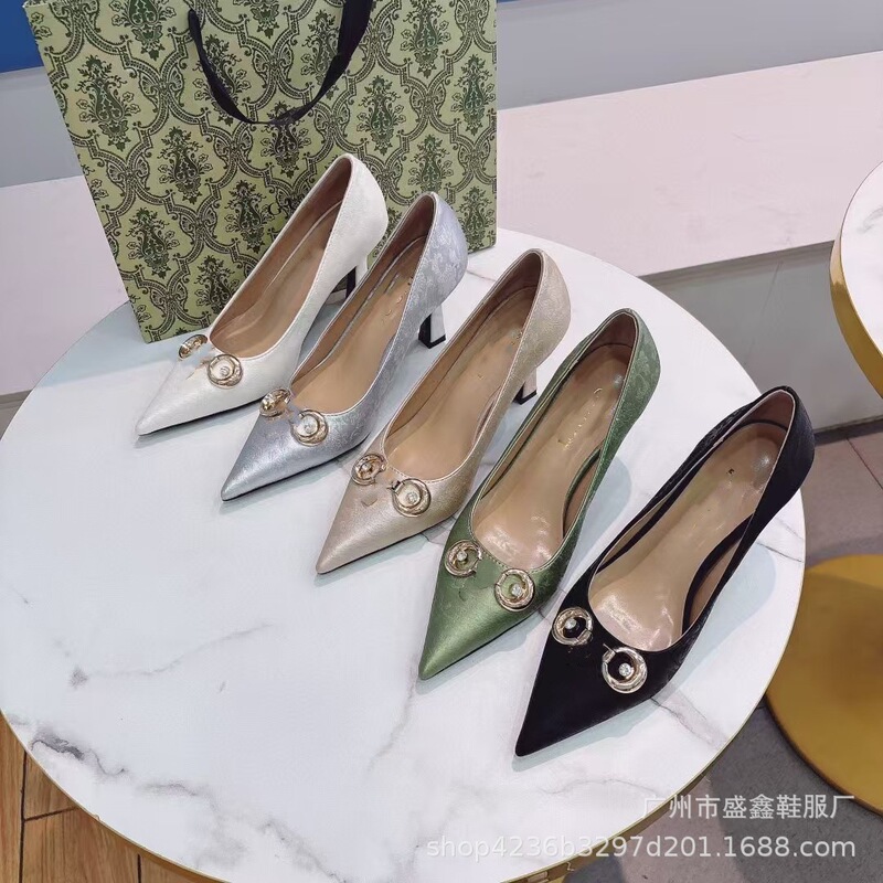 Home 2024 New Chinese Style High Heel Shoes Fashion All-match Single-layer Shoes Baotou Empty Sandals 7cm Beautiful Shoes