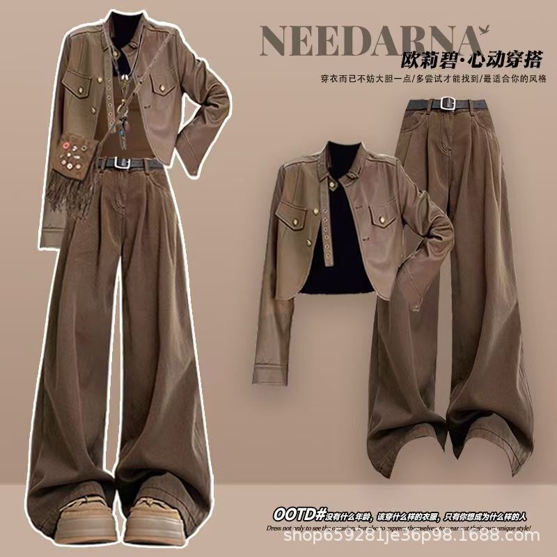 Autumn Travel Outfit Wasteland Style Spicy Girl Niche Jacket Melard Camisole with Western Jeans Three-Piece Set Autumn Travel Outfit Wasteland Style Spicy Girl Niche Jacket Melard Camisole with Western Jeans Three-Piece Set