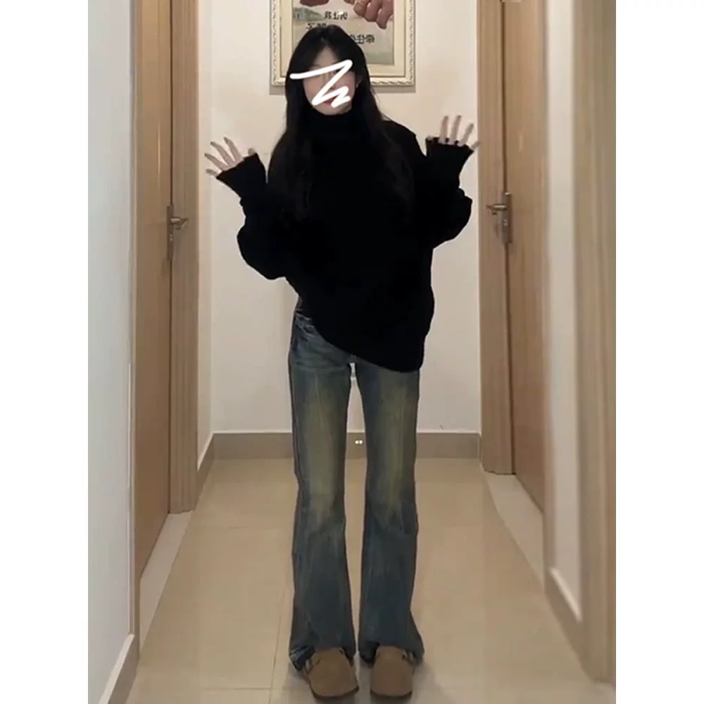Женский черный свитер с высоким горлом на осень и зиму 2025 года, стильный, удобный, трикотажный, базовый