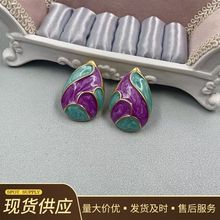 vintage中古风925银针耳钉清新滴油色彩甜美几何设计感气质耳坠