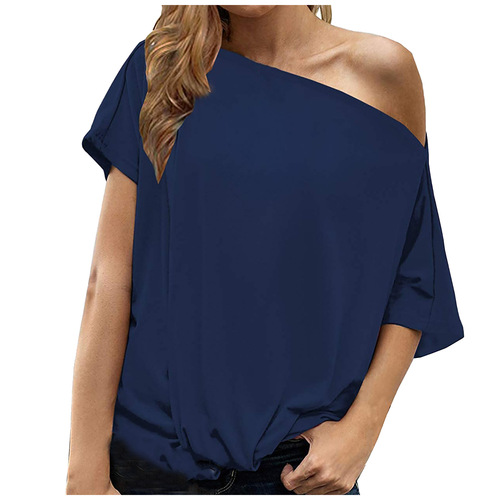 Amazon European and American Style Solid Color eBay Off-Shoulder Irregular T-Shirt Women's Loose Short-Sleeved Top