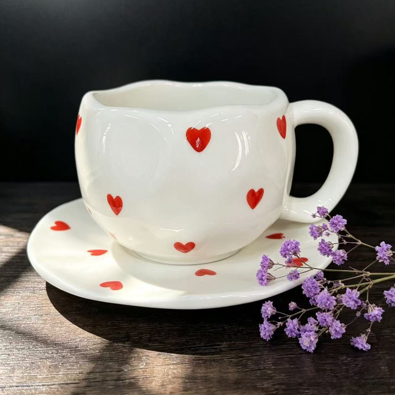 Hand-Painted Overglaze Ceramic Coffee Cup and Saucer Set, Mug, Breakfast Milk Cup, Hand-Painted Heart-Shaped Cup Hand-Painted Overglaze Ceramic Coffee Cup and Saucer Set, Mug, Breakfast Milk Cup, Hand-Painted Heart-Shaped Cup