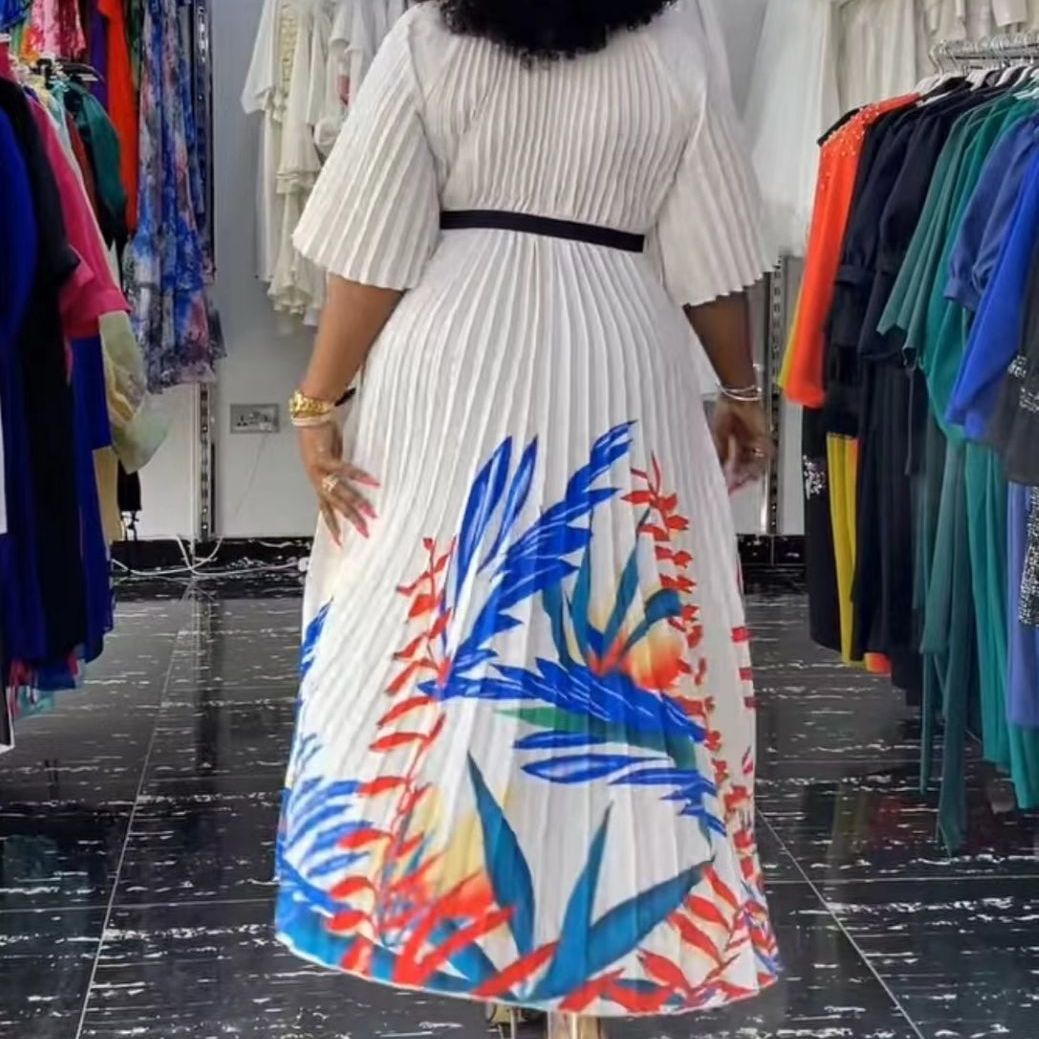 Women's Clothing pleated mid sleeve printed belt new style dress round neck women's pleated skirt_voghion.com