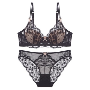 New French Lace Bow Lingerie Pure Desire Sexy Large Bust Minimizing Bra Thin Bra Women's Underwire Set