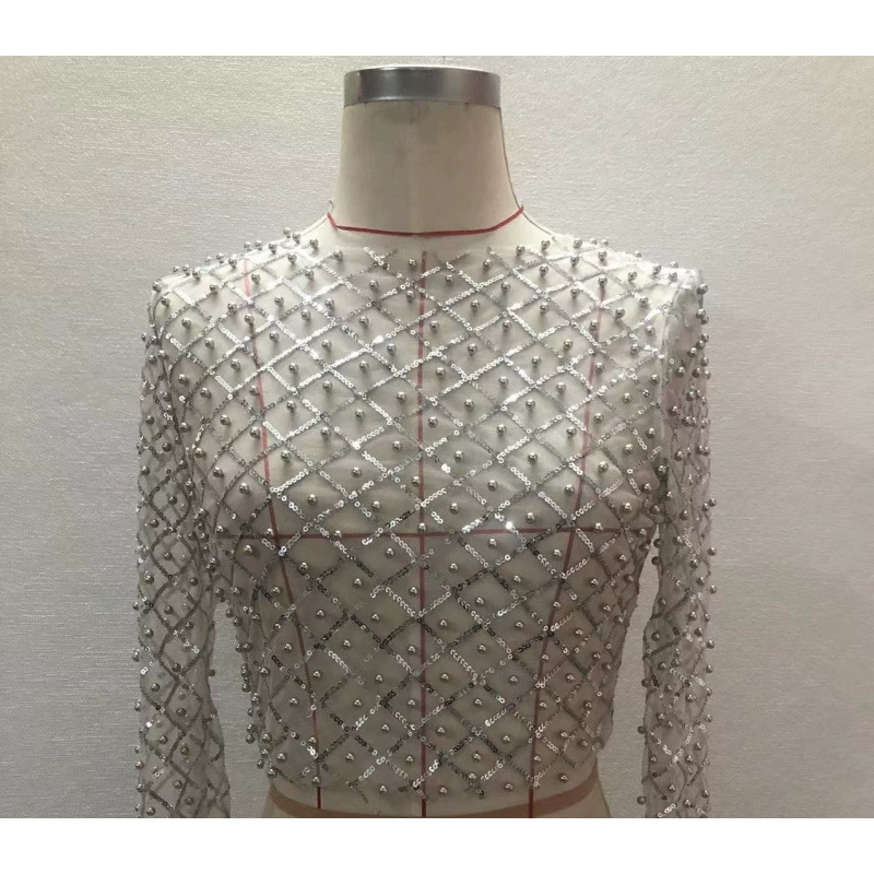2025 Европейские и американские экспортные новые популярные женские сексуальные топы с длинным рукавом из сетки с бисером и пайетками