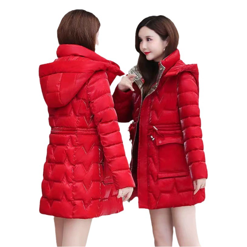 23 Яркое пуховое пальто с хлопковой подкладкой для лица, женское утепленное приталенное пальто средней длины с хлопковой подкладкой, приталенное пальто с перламутровой красочной хлопковой подкладкой для миниатюрных