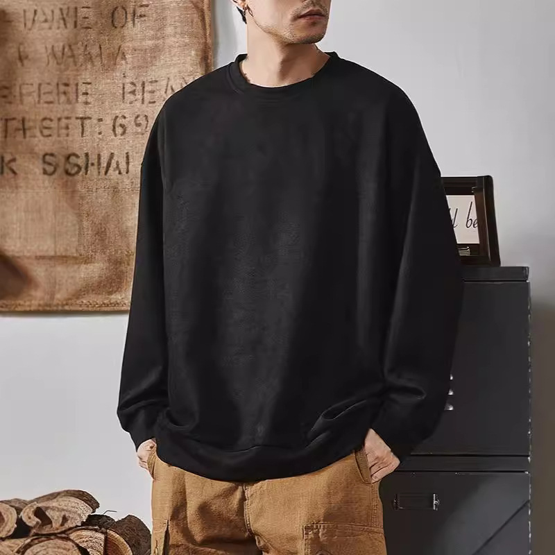 땀 남자 봄과 가을 미국 라운드 넥 Hoodless 2024 새로운 스타일 탑 남자 스웨이드 두꺼운 긴 소매 겨울 패션