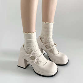 白色法式百搭厚底粗跟小皮鞋女2025新款夏复古蝴蝶结高跟玛丽珍鞋
