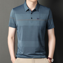 父亲节冰丝t恤男短袖条纹真口袋翻领宽松中老年爸爸装夏装polo衫