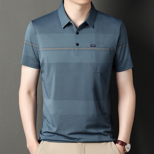 Father's Day Ice Silk T-Shirt Men Short Sleeve Striped True Pocket Polo Collar Loose Middle-Aged Dad Set Summer Wear
