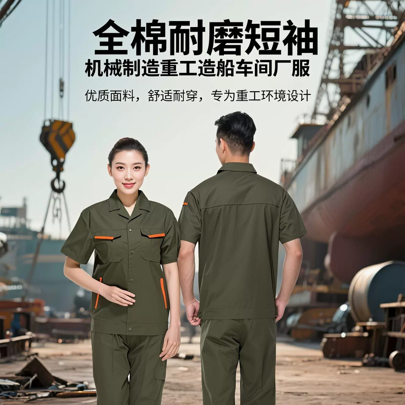 加工夏季纯棉短袖工作服刺绣logo机械制造重工造船车间厂服套装弯