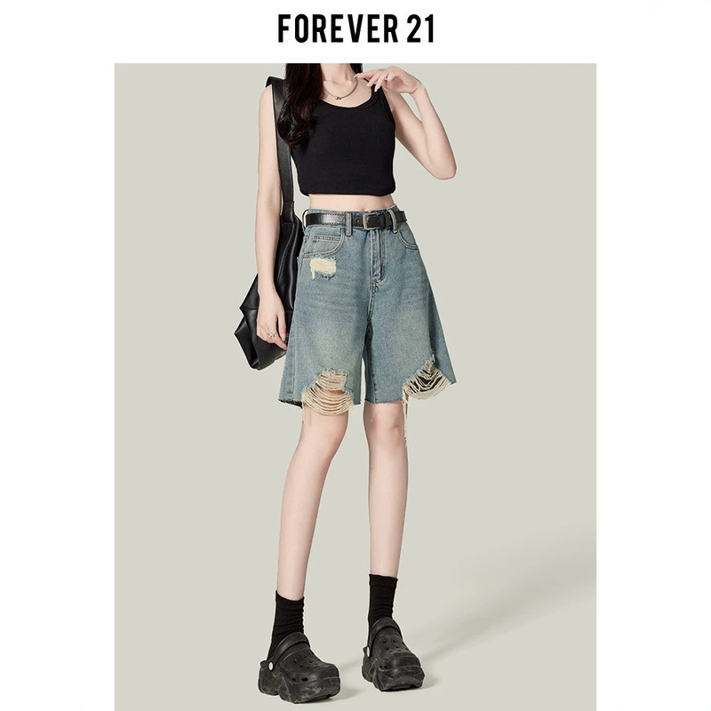 Forever 21 Retro Blue Ripped Denim Shorts for Women, Petite Size, Summer High-Waisted Straight Shorts, Loose Mid-Length Shorts Forever 21 Retro Blue Ripped Denim Shorts for Women, Petite Size, Summer High-Waisted Straight Shorts, Loose Mid-Length Shorts