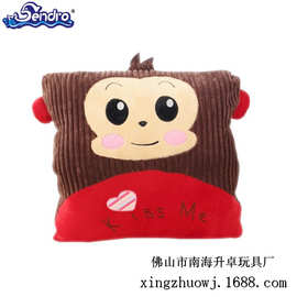 工厂定制毛绒两用抱枕被卡通猴子头两用法兰绒儿童抱枕玩具玩偶
