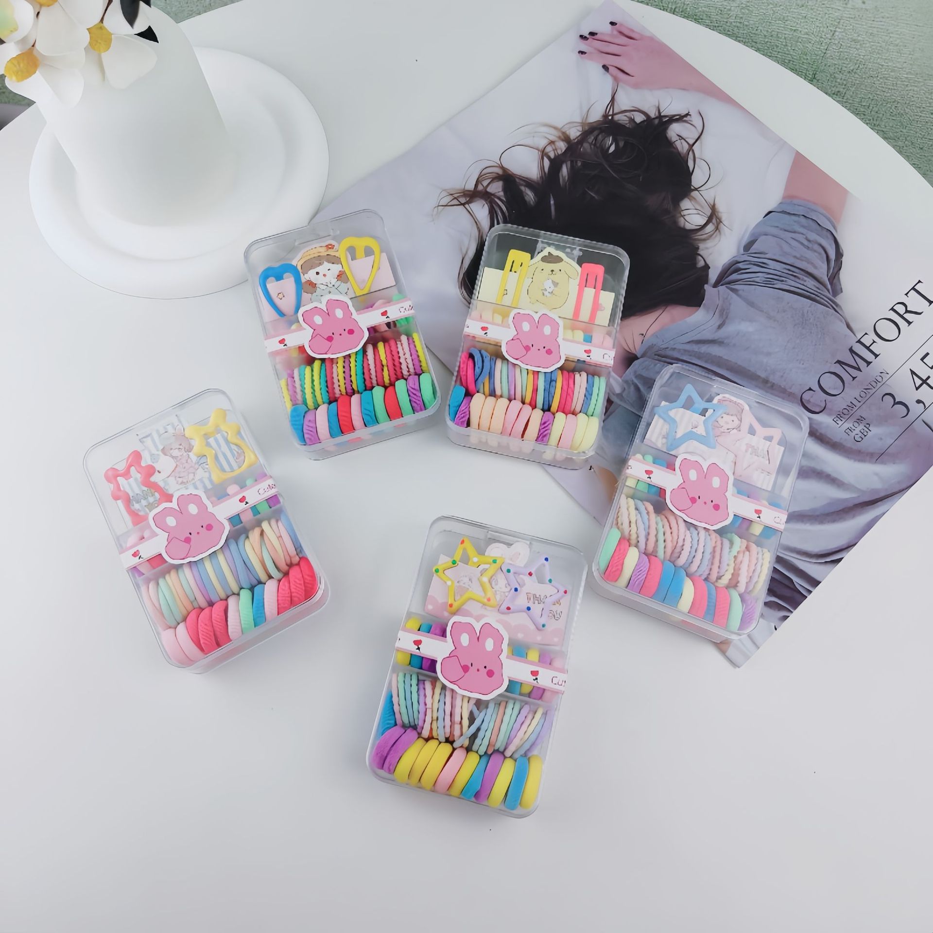 Niños de color pulgar fideos anillo de cabello no daña cabello cuadrado caja de banda nuevo anillo no daña cabello conjunto de combinación