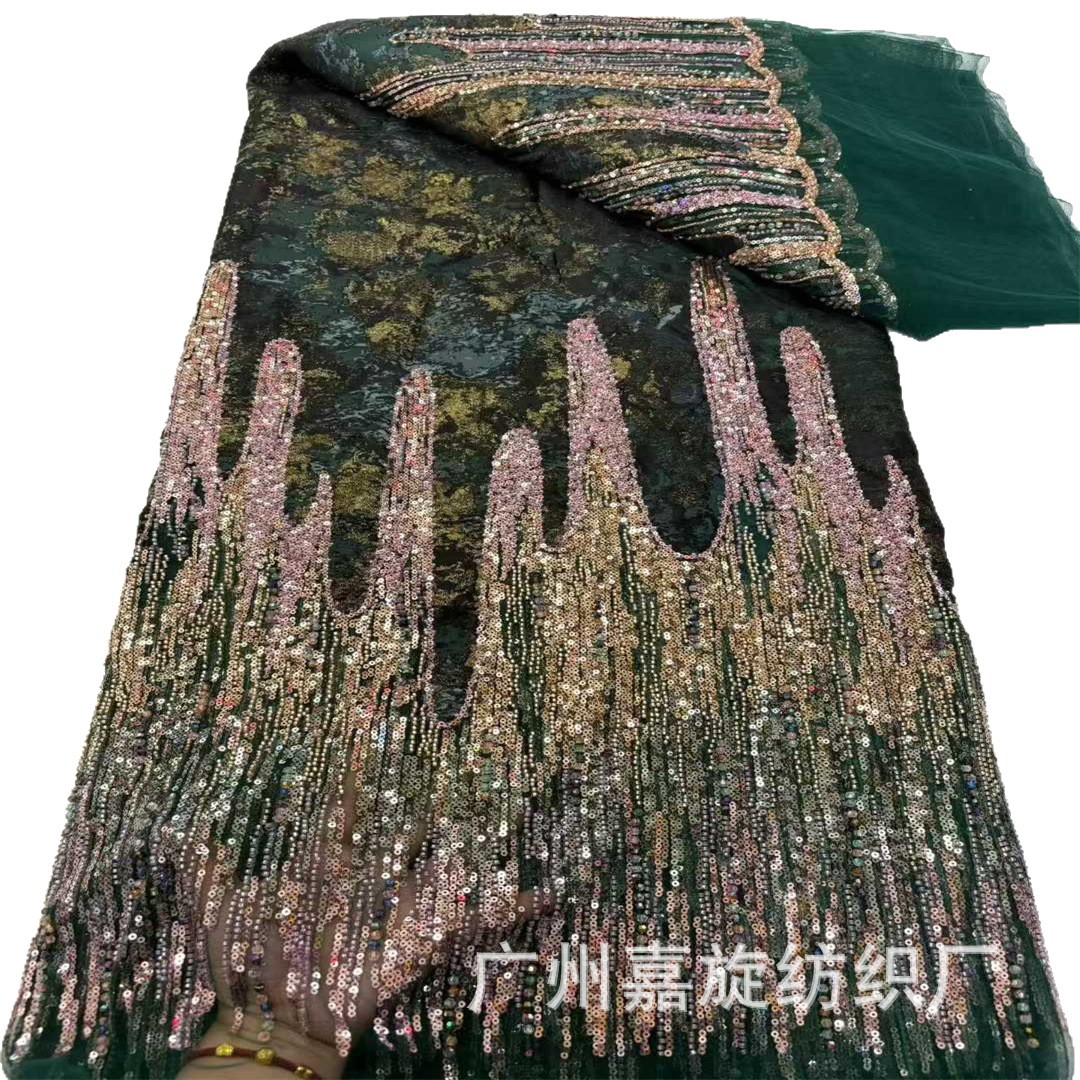 Nuevo gradiente de cuentas bordadas empalmadas tinta fuerte Jacquard tela de encaje vestido de boda europea y americana tela de vestido