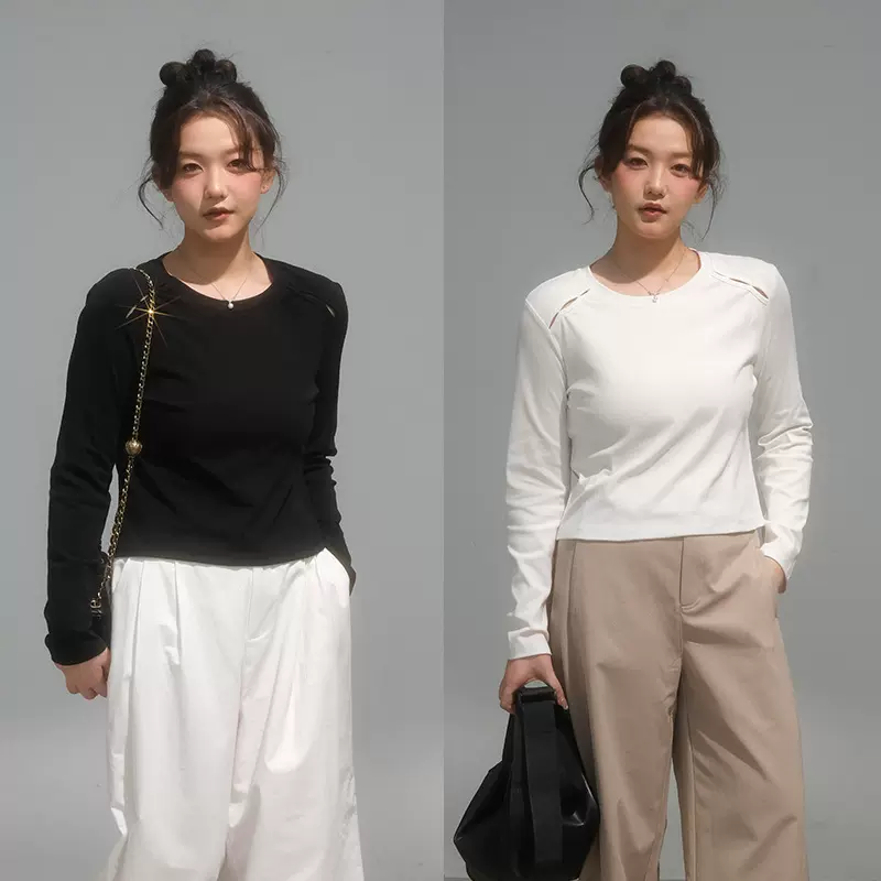 小众设计感镂空长袖T恤秋冬修身百搭显瘦打底针织衫大码女装 6873