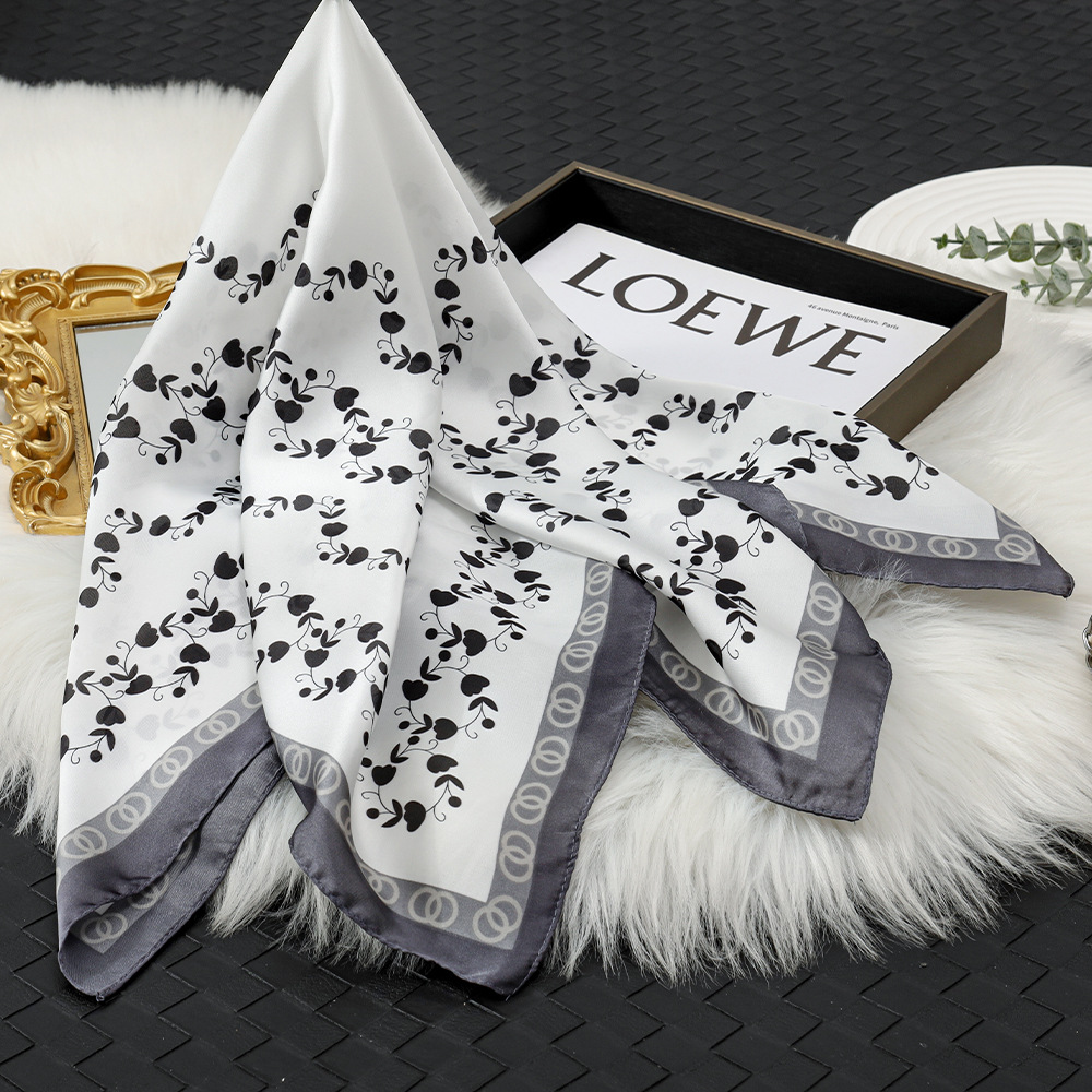 Pañuelo de seda de imitación con estampado blanco francés, chal de protección solar, bolsa de atar, bufanda cuadrada para el cabello, uso simple, flor 70, bufanda de seda
