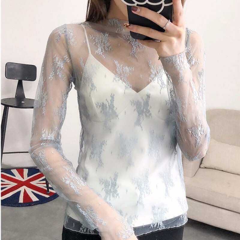 Mesh Top Sexy Transparent Long-Sleeve Lace Hollow-Out Undershirt Fashion 2026 New Style Mesh Shirt