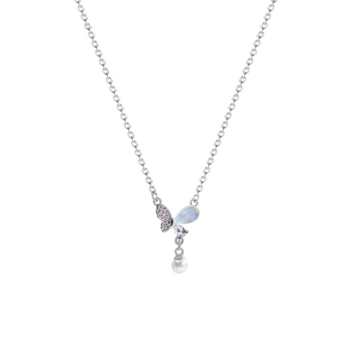 Blue Butterfly Pearl Necklace for Women, Versatile, Niche Design, Titanium Steel Clasp Necklace, Light Luxury Pendant Chain, Accessory Wholesale