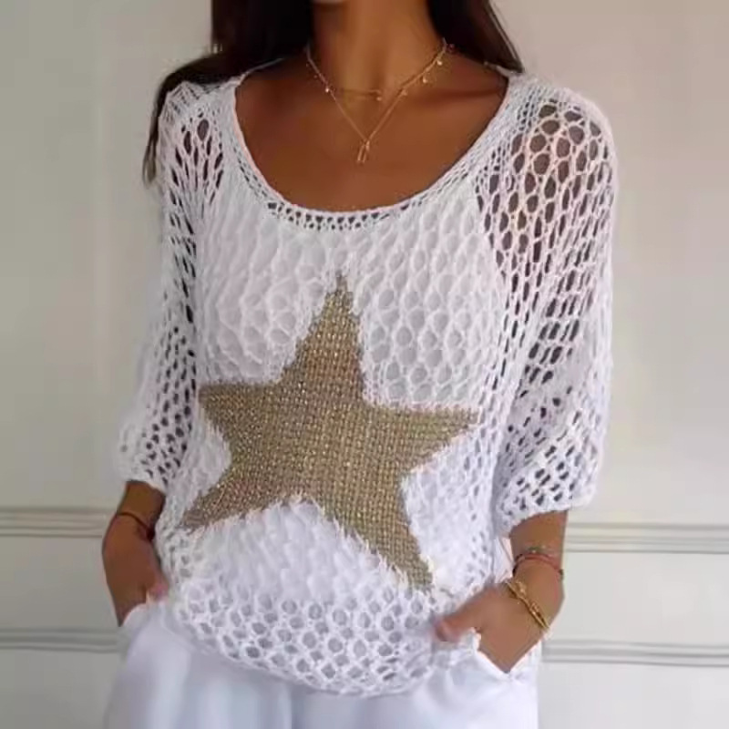 Summer Cross-Border Knitwear European and American Style Five-Pointed Star Round Neck Foreign Trade Knitwear for Women Three-Quarter Sleeve Top Air-Conditioning Shirt for Women